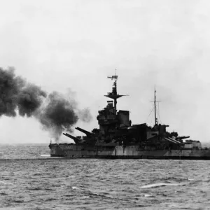 H. M.s Warspite off Le Harve shelling German gun battened in support of the landings H. M.s Warspite off Le Harve shelling German gun battened in support of the landings