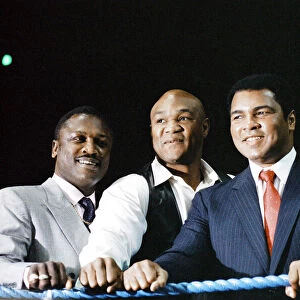 Hall of fame boxers (from left to right) Joe Frazier George Foreman and Muhammad Ali