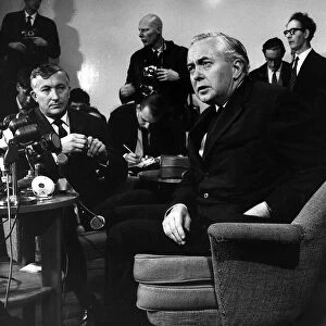 Harold Wilson former Labour Prime Minister of Britain at press conference at London