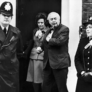 Harold Wilson leaving his home in Lord North Street with his wife Mary to go to