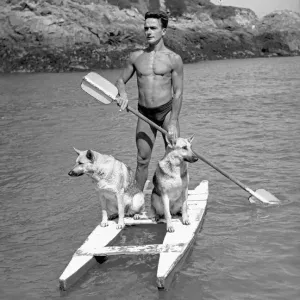 Harry Ibbotson on Paddle Boat with Alsatian Dogs, Guernsey 1953 Print