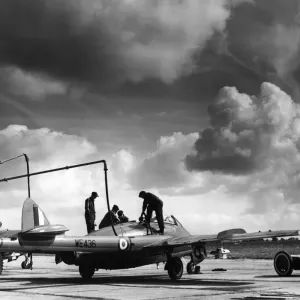 A De Havilland DH Venom FB1 seen here being re-fuelled at RAF Leconfield during A De Havilland DH Venom FB1 seen here being re-fuelled at RAF Leconfield during
