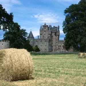Haymaking at Glamis Castle Fife Scotland July 1984 Hay bails in field Haymaking at Glamis Castle Fife Scotland July 1984 Hay bails in field