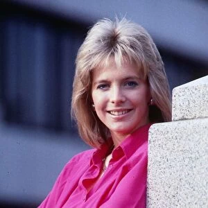 Hazel Irvine TV presenter November 1988 wearing pink blouse shirt arms folded arms