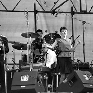 Hazel O Connor performs on stage with her band Megahype at the outdoor concert in