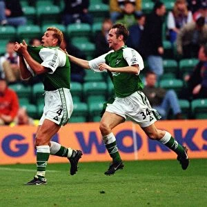 Hibs versus Dundee October 1999 Grant Brebner rushes to salute Franck Sauzee after
