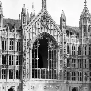 The historic windows of Westminster Hall, London, destroyed after an high explosive bomb