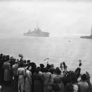 HMS Ajax returns to the Royal Navy dockyards at Devonport following the destruction of