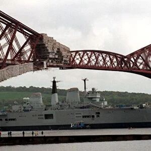 HMS Ark Royal aircraft carrier ship May 1999 Sailing under the Forth Rail Bridge