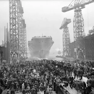 HMS Eagle is launched at the Harland and Wolf dockyard Belfast by Princess Elizabeth