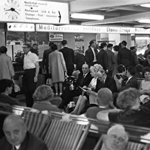 Holidaymakers waiting for their flight to be called at Southend Airport 13th July 1968