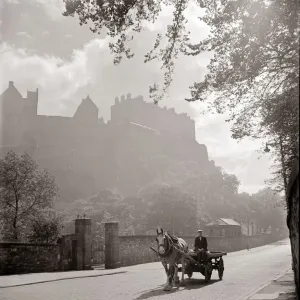 Horse and cart pass through peaceful countryside village Cobbled street