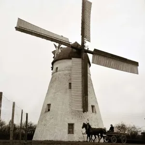 Horse and cart passing by a windmill in the English countryside circa 1950s