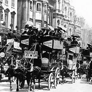 Horse drawn buses carrying passengers in Piccaddilly, London, 1904