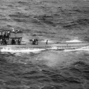 Print of a U-boat in heavy seas, awaiting boarding