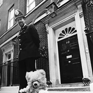 Humphrey teddy bear of Margaret Thatcher outside number ten Downing Street
