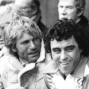Ian McShane and Adam Faith during filming on location at Wembley Stadium - April 1979