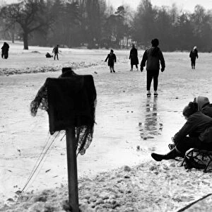Ice Skating on frozen lake, Cannon Hill Park, Birmingham, England, 26th January 1963