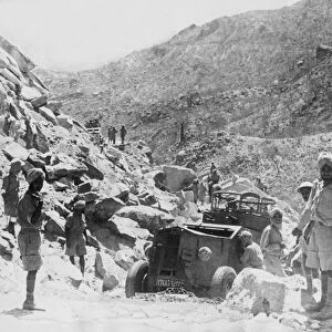 Indian army soldiers with an armoured car on the frontline at the Battle of Keren in