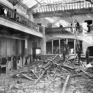 Print of a girls High School assembly hall in Wallasey with bomb damage