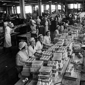 The interior of Huntley & Palmers factory, women packing cartons of Coronation Assorted