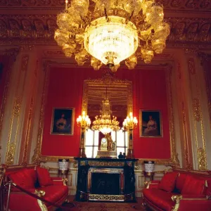 Interior view of Windsor Castle showing the Crimson Drawing Room restored after it was Interior view of Windsor Castle showing the Crimson Drawing Room restored after it was
