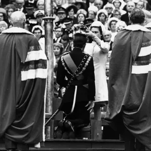 The Investiture of Prince Charles at Caernarfon Castle. HRH Queen Elizabeth II places