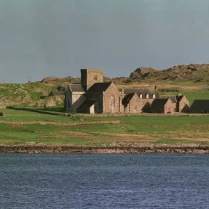 Isle of Iona Abbey view from Mull across sea church Circa 1990s Isle of Iona Abbey view from Mull across sea church Circa 1990s
