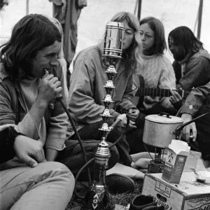 Isle of Wight Festival. A group of hippies in a tent. 21st August 1970 Isle of Wight Festival. A group of hippies in a tent. 21st August 1970