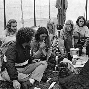 Isle of Wight Festival. A group of hippies in a tent. 21st August 1970
