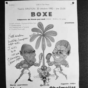 Affiche italiana promuovendo lo scontro imminente tra Marvin Hagler e l'Italia.