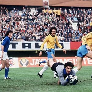 Italy v Brazil World Cup 1978 football Dino Zoff saves from Roberto no20 and Oscar no3