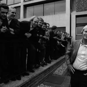 Jack Nicklaus golfer 1974 at golf clinic hands in pocket men leaning on rail