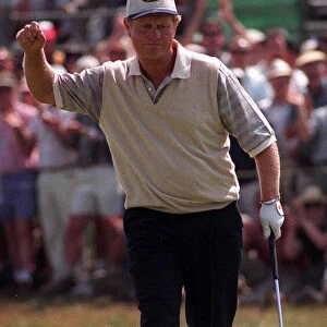 Jack Nicklaus Golfer celebrates after putting a birdie on the 13th during the second