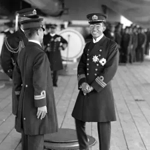 Japanese Crown Prince Hirohito pictured on board the warship Kotosi at Spithead during
