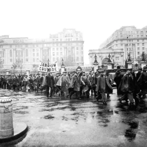 Jarrow marchers seen here arriving at Marble Arch on the last leg of the march 31st