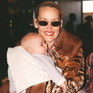 Jerry Hall with baby Gabriel March 1998 At Heathrow Airport