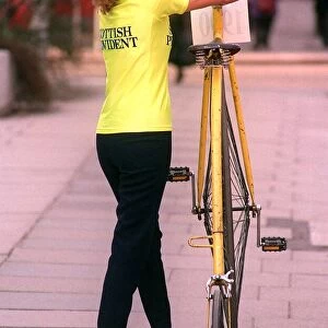Joanna Lumley about to ride a Penny Farthing Bicycle 1990 at the launch of City