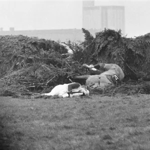 Jockey Paddy Farrell is thrown from his horse Border Flight at the 15th fence of Jockey Paddy Farrell is thrown from his horse Border Flight at the 15th fence of