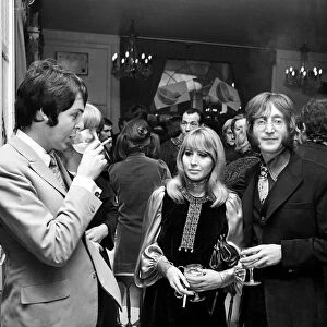 John Lennon, Paul McCartney amd his girlfriend Jane Asher at a launch party to celebrate