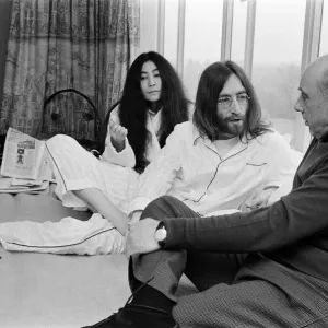 John Lennon and his wife Yoko Ono stage a bed in on their honeymoon John Lennon and his wife Yoko Ono stage a bed in on their honeymoon