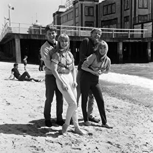 John Leyton and Mike Sarne with Janette and Suzanne Baker on the set of "
