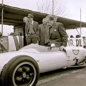 John Paul Getty oil Baron trying out a racing car A Lotis Junior Formula at the Goodwood