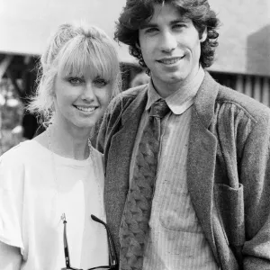 John Travolta and his co star Olivia Newton John in England during the week of release of
