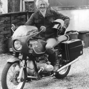 Jon Pertwee actor sitting on BMW motor cycle - April 1977 18 / 04 / 1977