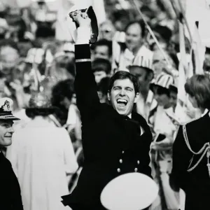 Jubilant Prince Andrew ashore with proud father Prince Philip after the carrier HMS