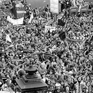Jubilant West Ham fans gathered outside Newham Town Hall as the West HAm team arrive at
