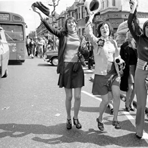 Jubilant West Ham fans outside Newham Town Hall as the West Ham team arrive at the end
