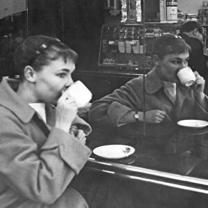 Judi Dench drinking coffee in cafe near the Old Vic theatre - 11 September 1957