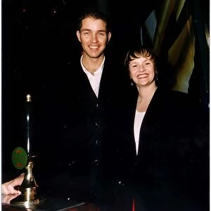 Julia Fawcett with actor Michael Marsden November 1997 Coronation Street set beer hand